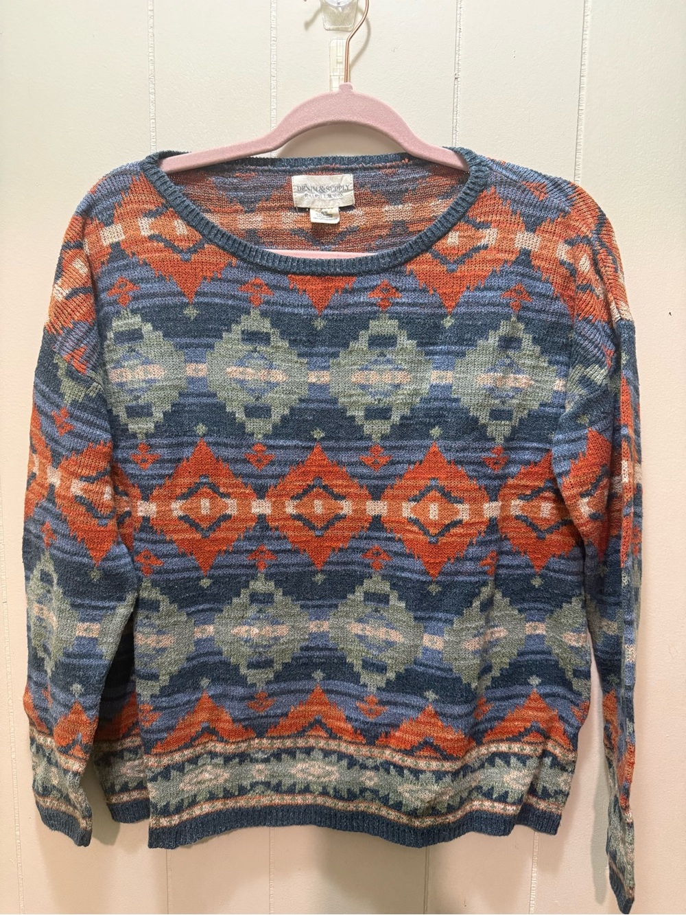Denim & Supply Ralph Lauren Blue Multi Aztec-Pattern Crewneck Sweater
